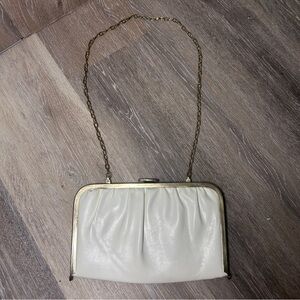 Vintage Etra White Leather Clutch Purse with Gold-Tone Chain Strap